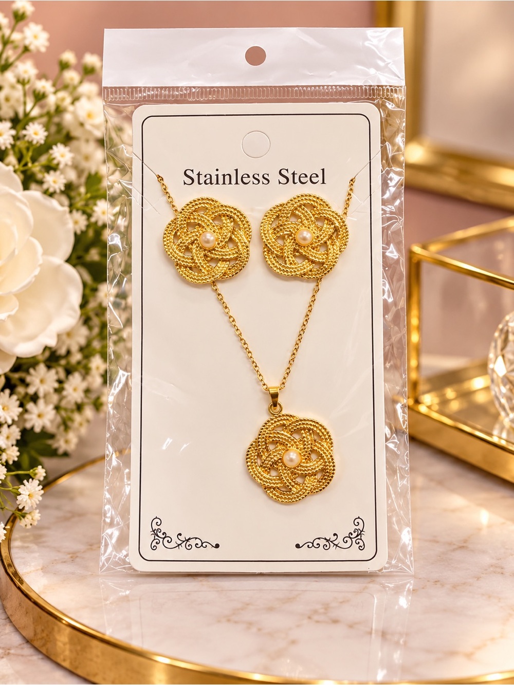 Gold Floral Rope Necklace & Earring Set with Pearl Accent - Stainless Steel